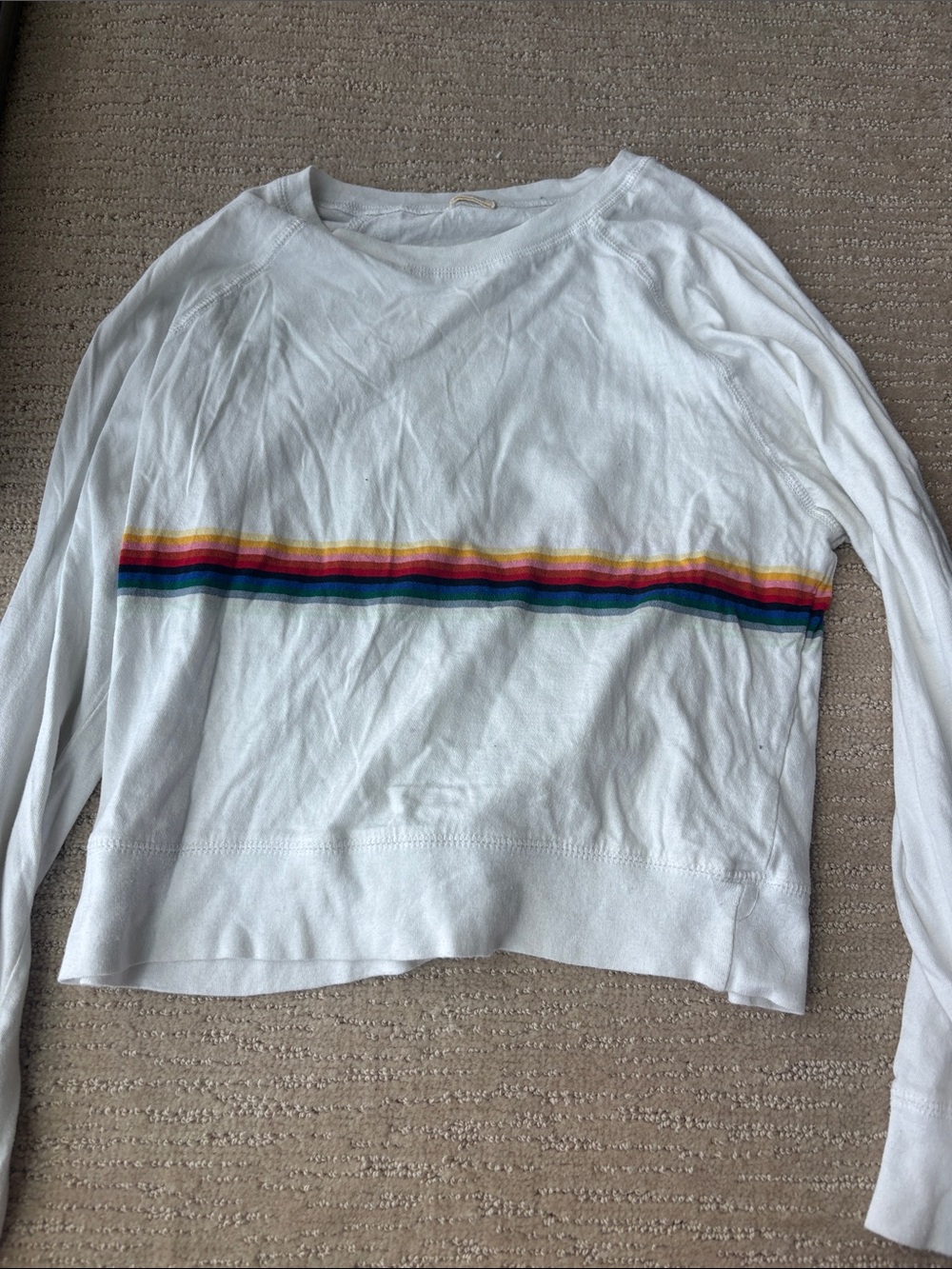 Brandy Melville White Long-Sleeve Top with Rainbow Stripe